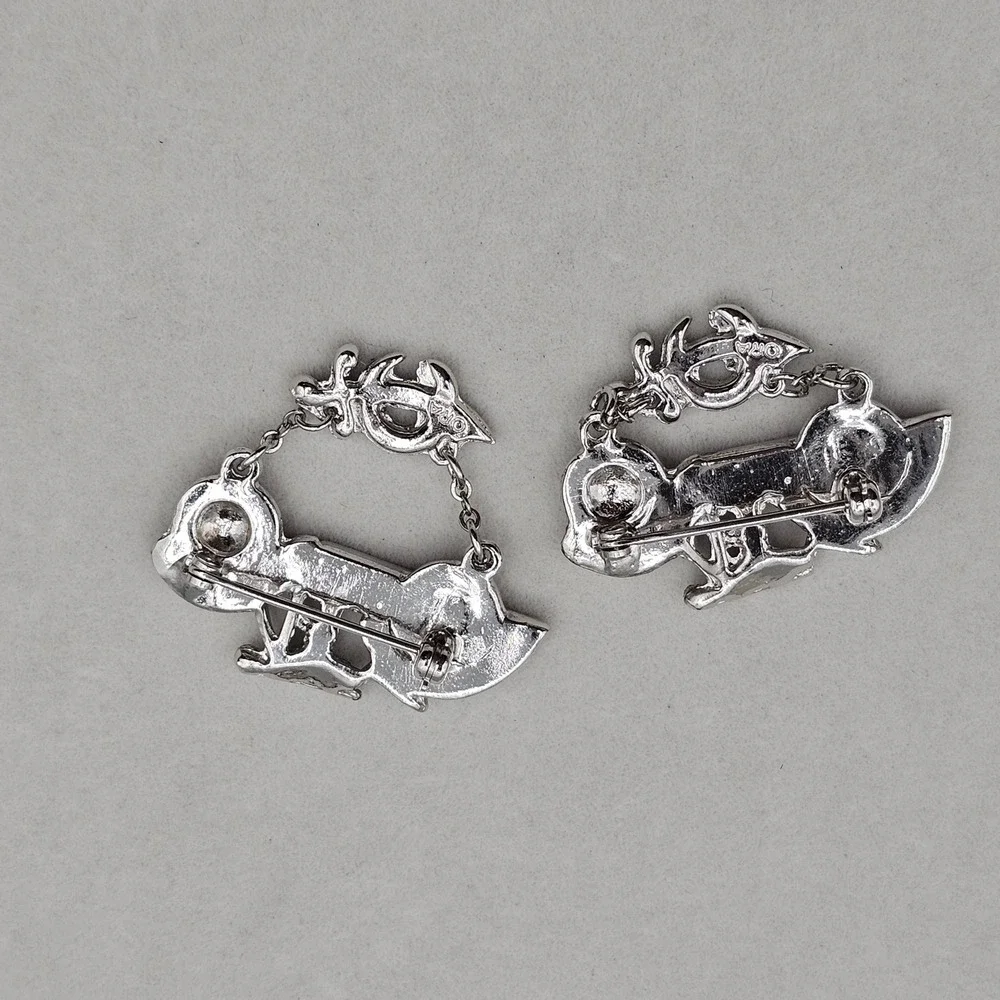 ORA Motorcycle Brooch Pins 2pc Silver Tone Clear Rhinestone Biker Mason Sword